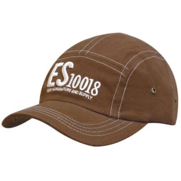 A brown cap with white stitching and a logo embroidered on the front. It features a curved brim.