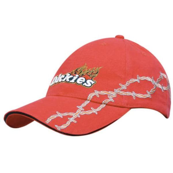 A red cap with sandwich barbed-wire embroidery and branding on the front.