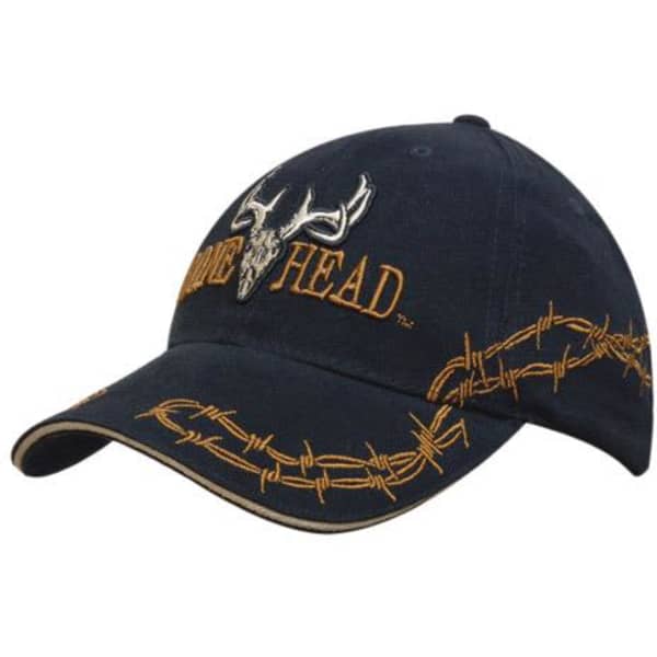 A navy cap featuring barbed-wire embroidery and a logo, with a sturdy brim and a classic style.
