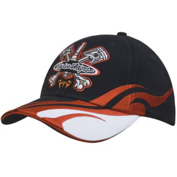 A black cap featuring blaze embroidery on the peak and side, with orange flame accents. It includes a logo.