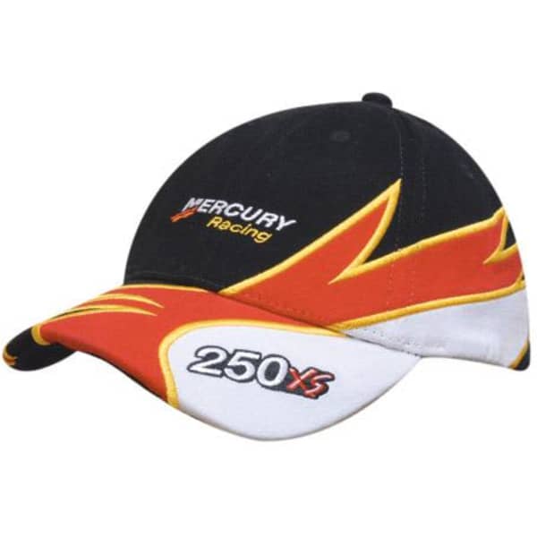 A cap featuring a black crown with red and yellow accents, embroidered branding, and a white peak.