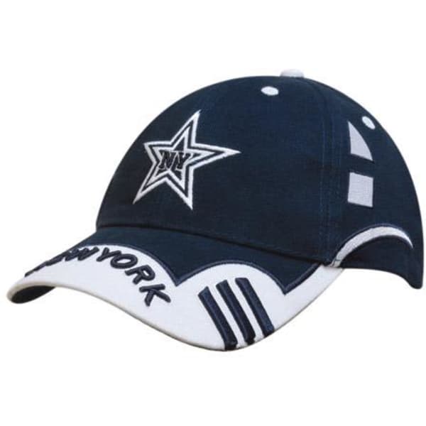 A navy blue cap with a white peak, featuring an embroidered star design and branding on the front.