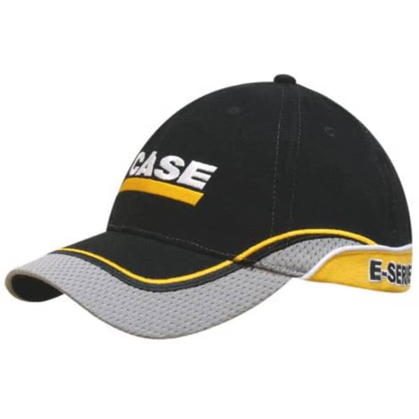 A black cap with a grey mesh peak, embroidered trim, and yellow piping, featuring a logo.