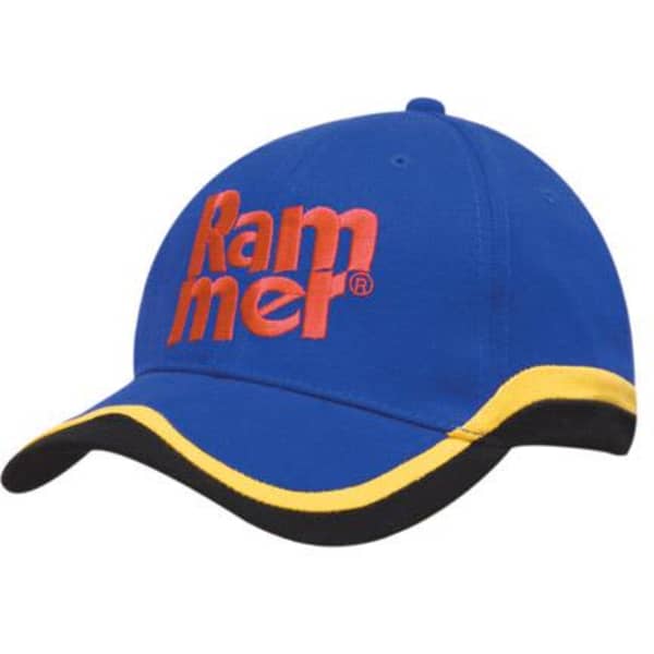 A blue cap with a yellow and black trim, featuring a large logo on the front.