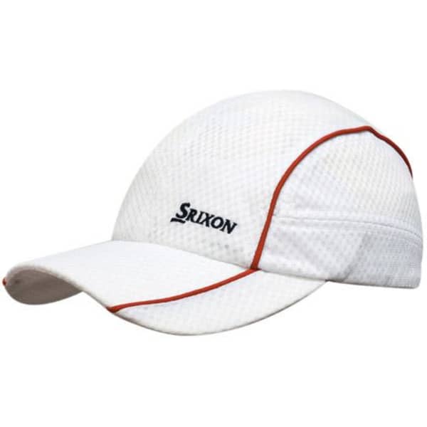 A white sports cap with red piping and a logo, featuring a textured mesh design.