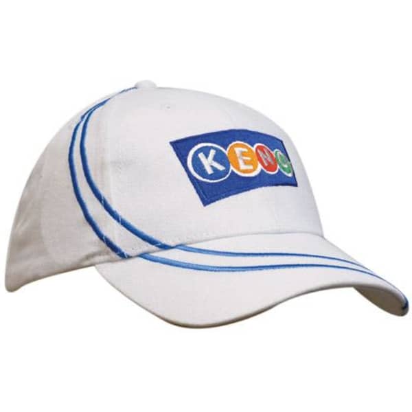 A white cap with blue embroidery and a multi-coloured branded logo. Features stitched detailing along the seams.