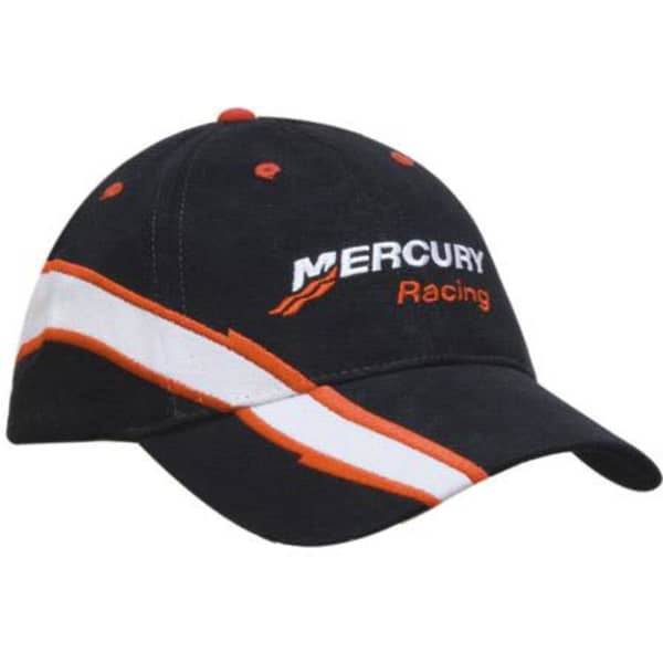 A dark blue cap with a white and orange stripe, featuring a logo on the front.
