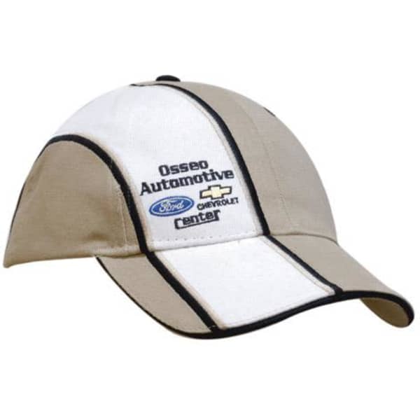 A beige cap with embroidery stripes and a logo, featuring a sandwich peak and crown indent.
