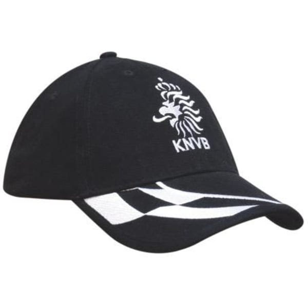A black baseball cap featuring a logo on the front and a checkered design on the peak.