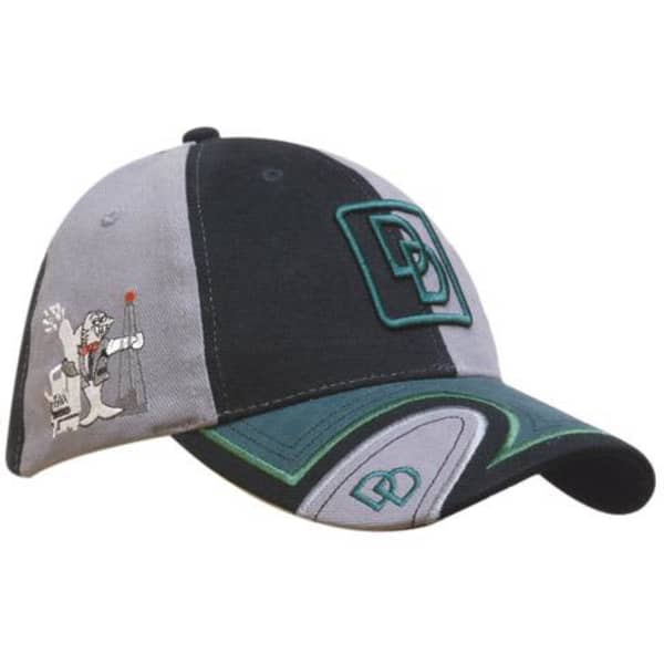 A cap with a black and grey design, featuring a logo and embroidered details in green.
