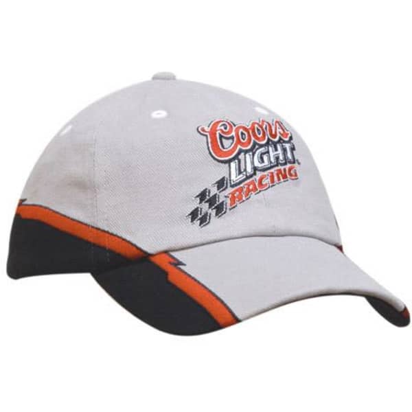 A grey cap with contrasting black trim and orange accents, featuring an embroidered logo.