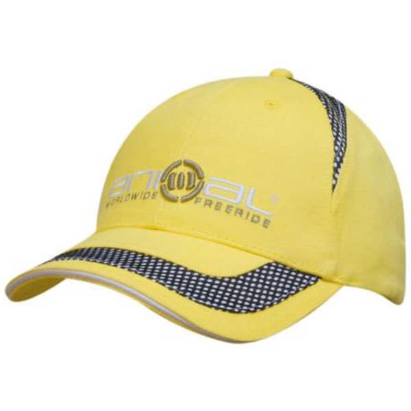 A yellow cap with black mesh inserts, featuring a logo on the front and a curved brim.