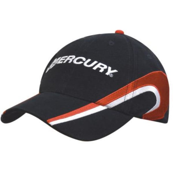 A navy blue cap with an embroidered logo, featuring red and white trim on the sides.