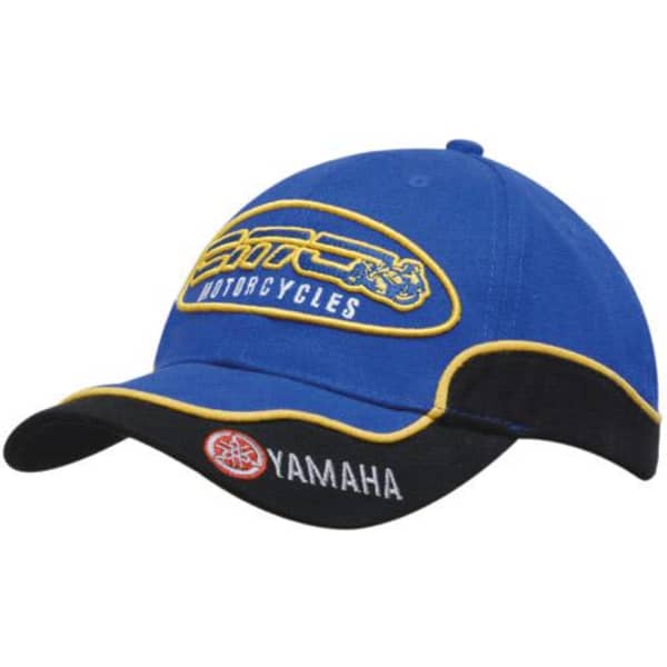 A blue cap with yellow trim and piping, featuring a logo and branding on the front.