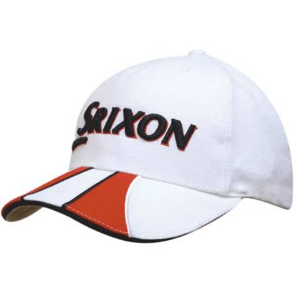 A white cap with a red and white sandwich peak trim and a black logo on the front.