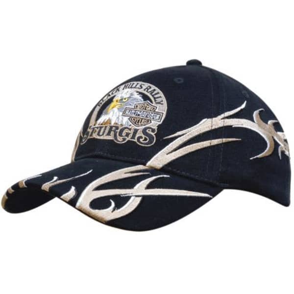A black cap with silver tribal embroidery and a logo on the front. Features a curved brim and adjustable strap.