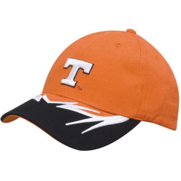 An orange cap with a black peak, featuring embroidered details and a logo on the front.
