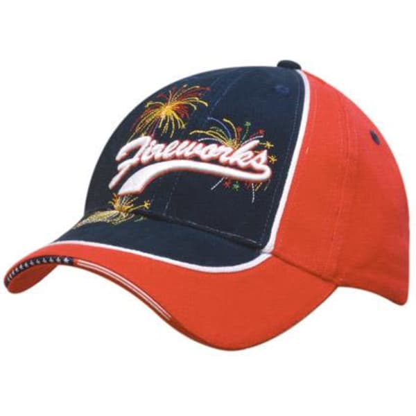 A cap featuring a navy blue and red design, with fireworks embroidery and a logo on the front.