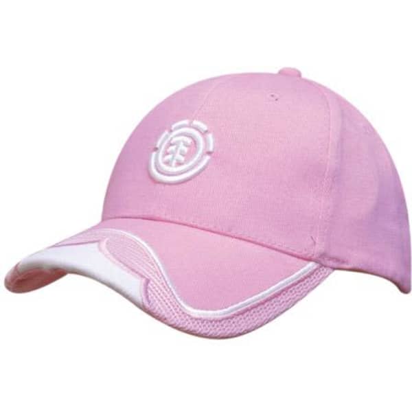 A pink cap featuring a mesh insert on the peak and embroidered trim. It has a logo on the front.