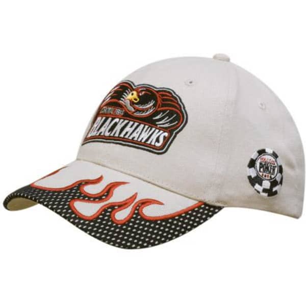 A white cap featuring flame embroidery and a logo, with a mesh peak trim and decorative stitching.