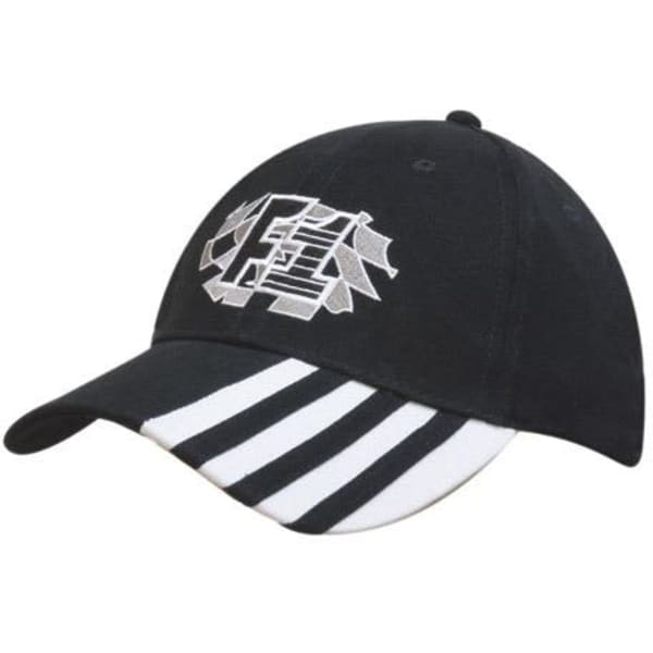 A black cap with a stitched logo and white striped peak inserts. The design features a sporty, modern look.