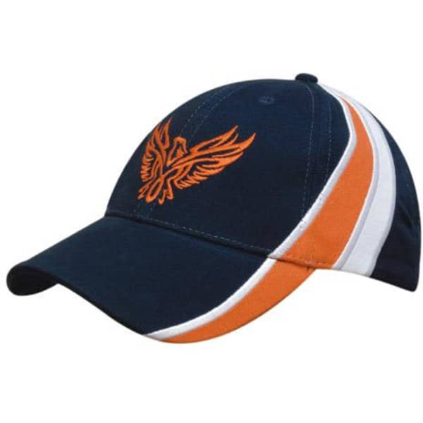 A navy blue cap with orange embroidery of a bird design and white and orange striped accents on the side.