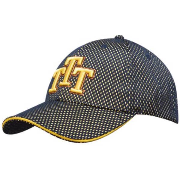 A navy blue cap with a mesh design and yellow accents, featuring a logo on the front.