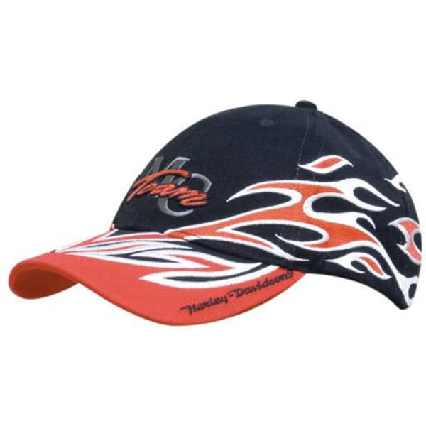 A navy cap with flame embroidery in orange and white, featuring a logo on the front and a contrasting red brim.
