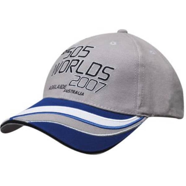 A cap in grey with blue accents, featuring embroidered text and a curved brim. It has a logo on the side.