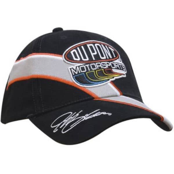 A black cap featuring embroidered trim, a logo, and a signature on the front, with orange and silver accents.