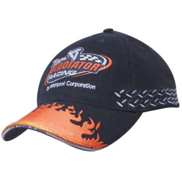 A black cap featuring orange flame embroidery on the peak and side, with a logo prominently displayed.