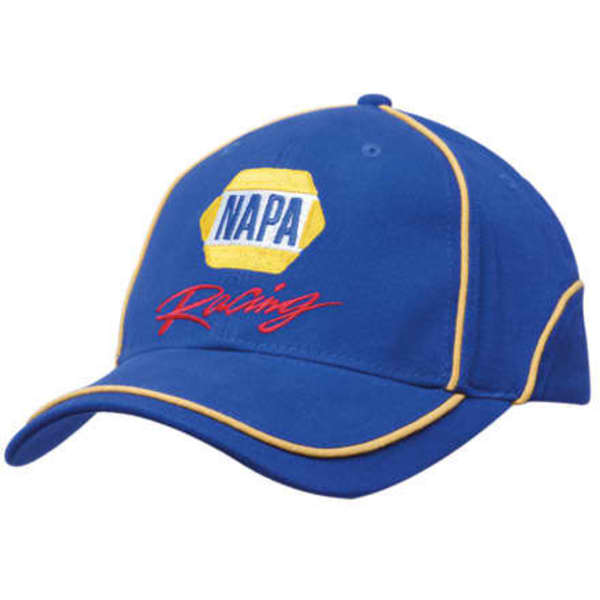 A blue cap with yellow piping, featuring a logo and embroidered text on the front.