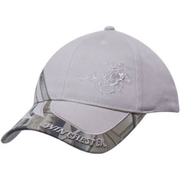 A grey cap featuring camouflage inserts and a logo, with embroidered detailing on the front.
