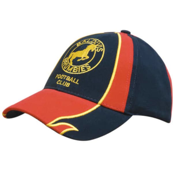 A cap featuring a navy and red design with an embroidered logo and accents.