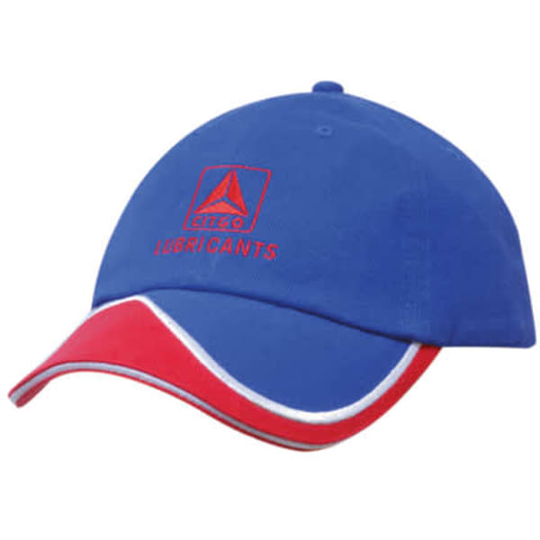 A blue cap with a red peak and sandwich insert, featuring a logo on the front.