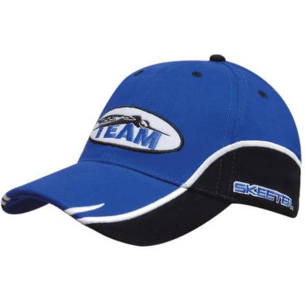 A blue and black cap with a logo and contrasting white stitching. Features a curved peak and embroidered details.