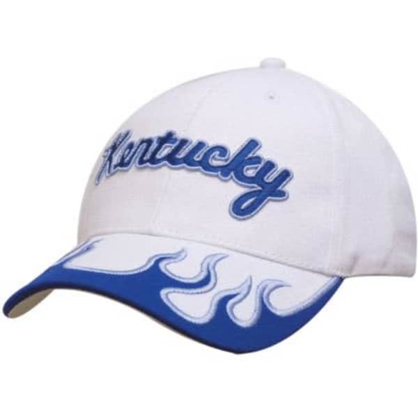 A white cap with blue lettering and a flame design on the peak, featuring a logo.