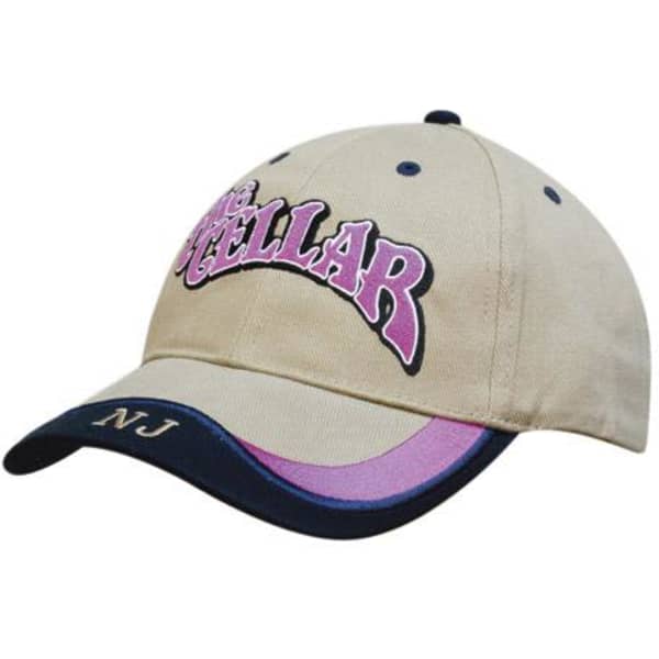 A beige cap with a pink embroidered logo and a navy blue peak featuring a logo.