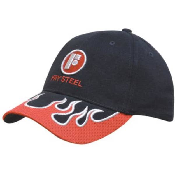 A black cap featuring a red brim with flame graphics and a logo on the front. The cap has a mesh indented peak.
