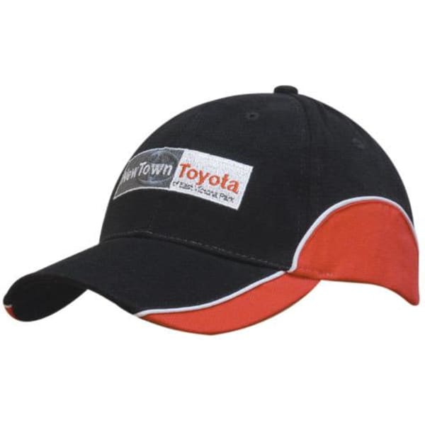 A black cap with red accents and a logo on the front, featuring a peak and crown trim.