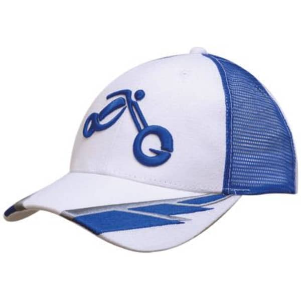 A white cap with blue mesh and detailing, featuring an embroidered logo on the front.