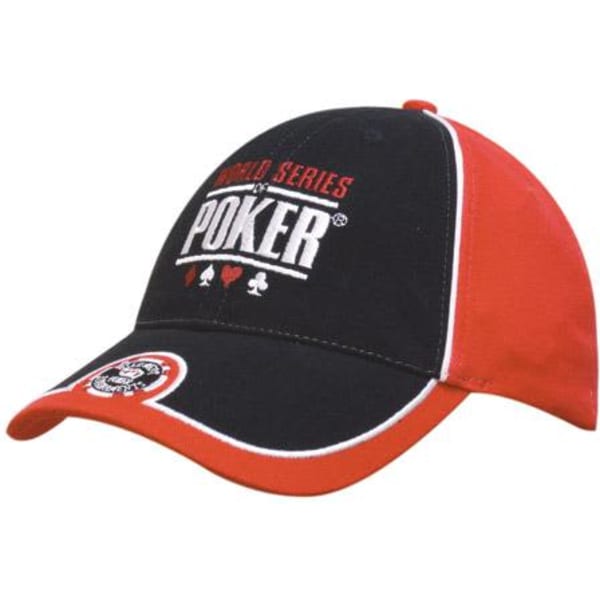 A black and red cap with a peak, featuring a logo and embroidered text related to poker.