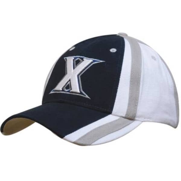 A navy blue, white, and grey cap with contrasting panels and a logo on the front.