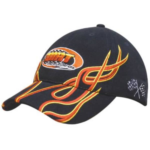 A black cap with flame embroidery in orange and yellow featuring logos and a checkered flag design.