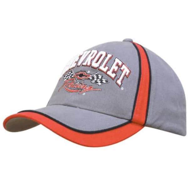 A grey cap with red piping, featuring embroidered racing motifs and a logo.