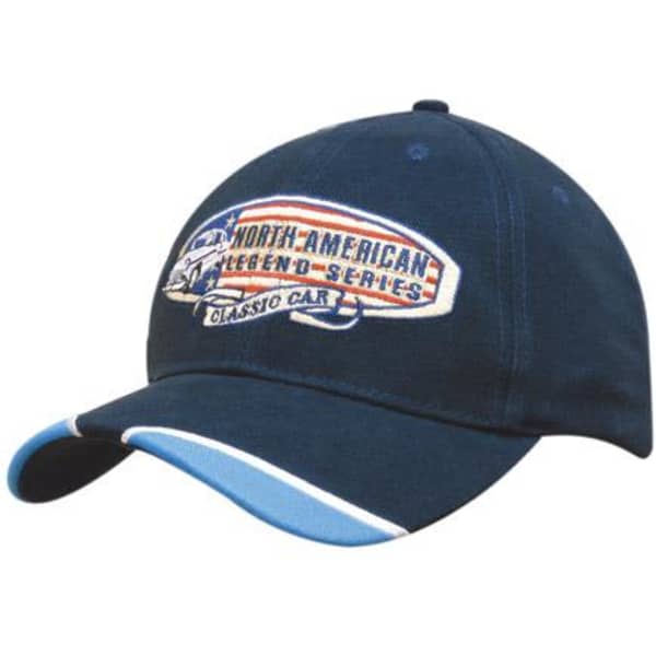 A navy blue cap with piped peak indents and an embroidered design featuring classic car themes. It has a logo on the front.