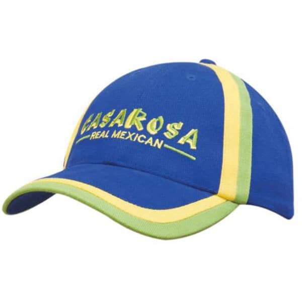 A blue cap with yellow and green inserted trim, featuring a logo on the front.