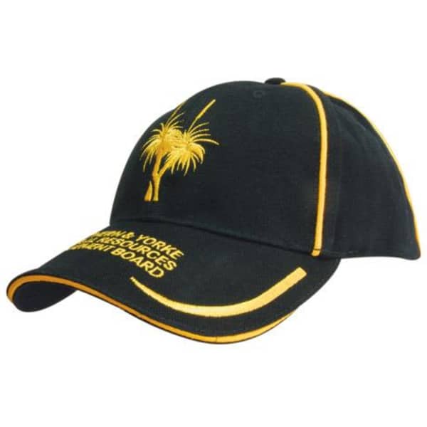 A black cap with embroidered palm tree design and yellow piping on the crown and peak. It features branding on the front.