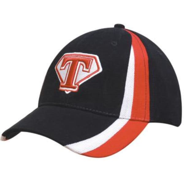 A black cap with red and white accents, featuring a logo on the front.