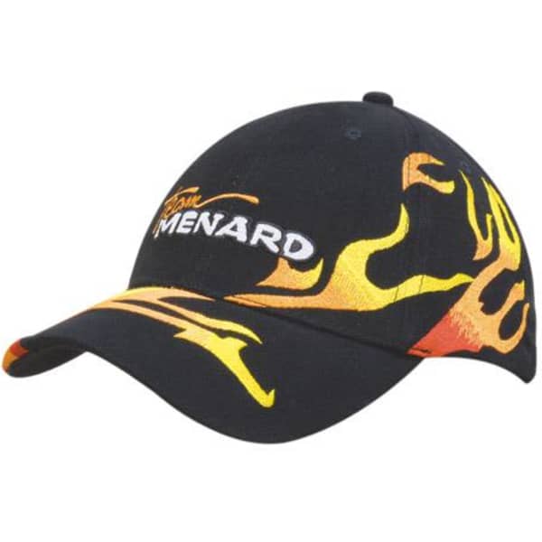 A black cap with allover flame embroidery in orange and yellow, featuring a logo on the front.